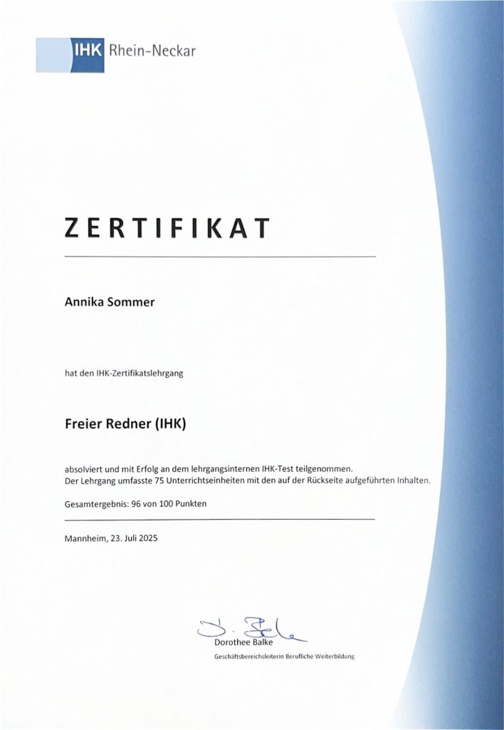IHK Zertifikat Annika Sommer Freie Rednerin